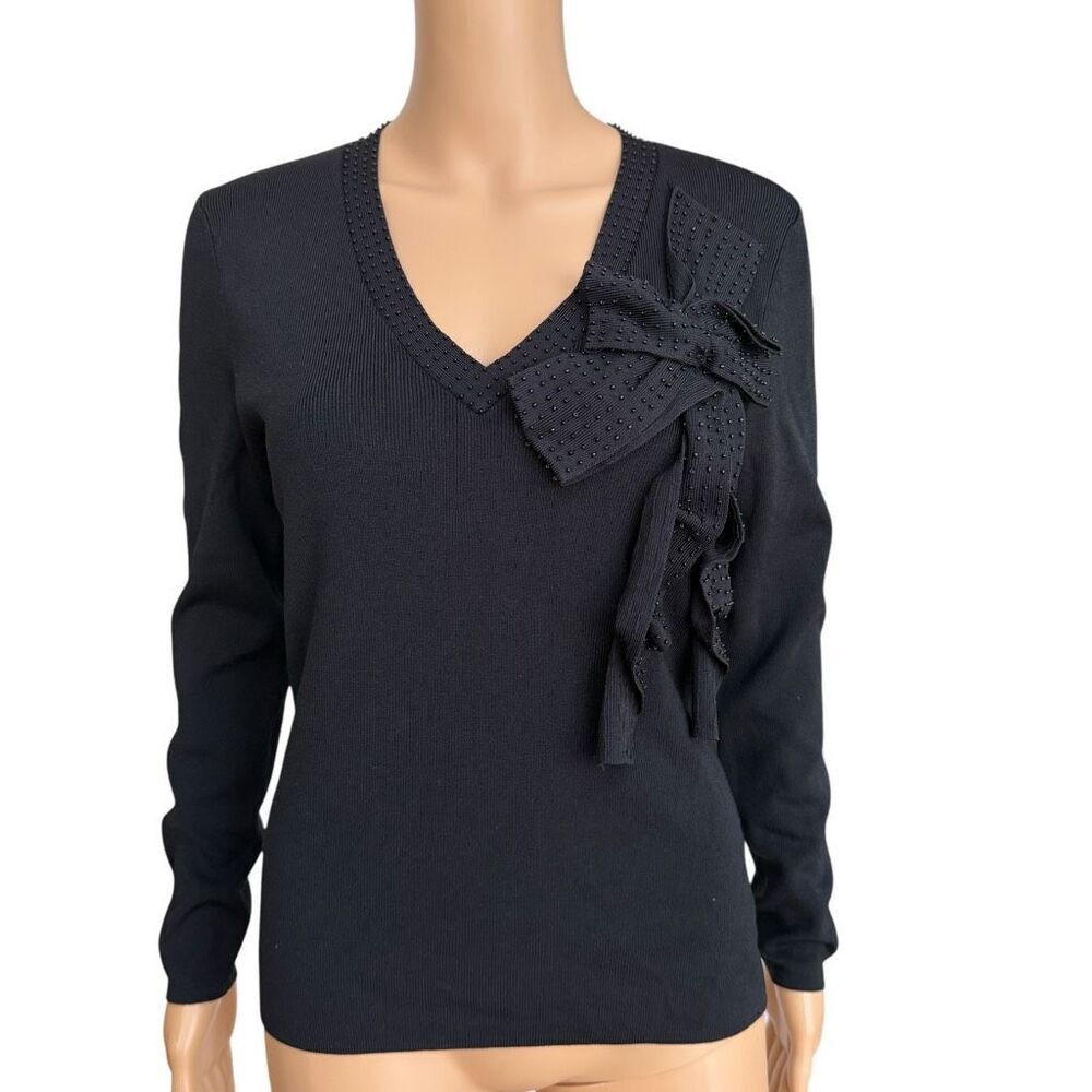 Cyrus black long-sleeved V-neck sweater decorative bow detail embellished size M